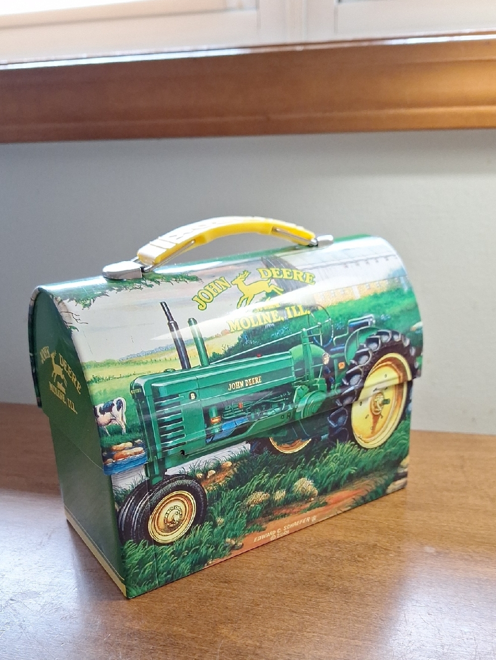 John Deere Green and Yellow Tin Lunch Box with Tractor Artwork 2001 Edward C. S.